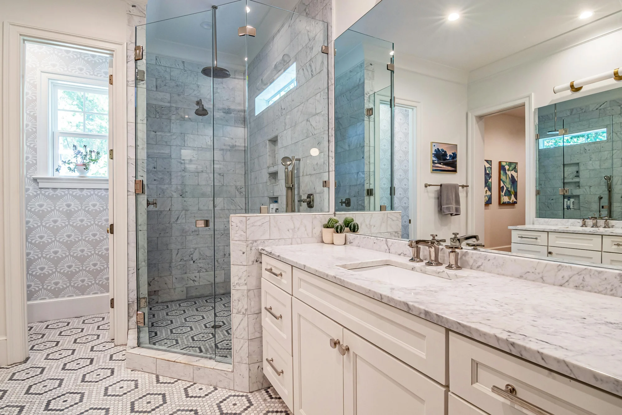 Shower tile installation with a built-in niche and plumbing fixture openings